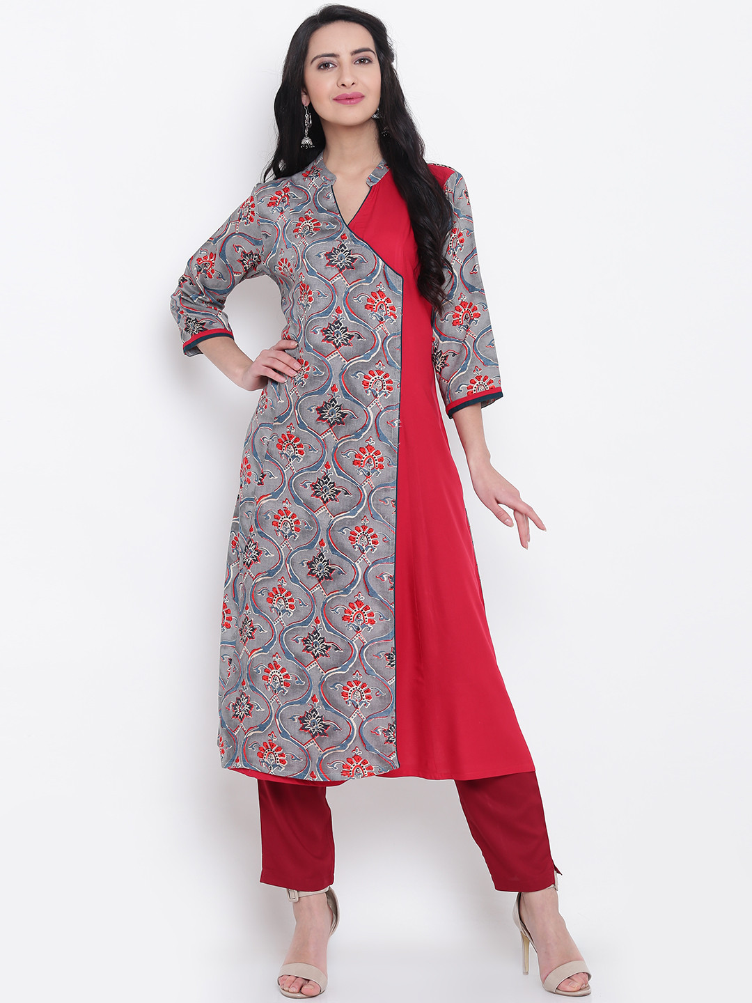 

Shree Women Grey & Red Printed A-Line Kurta