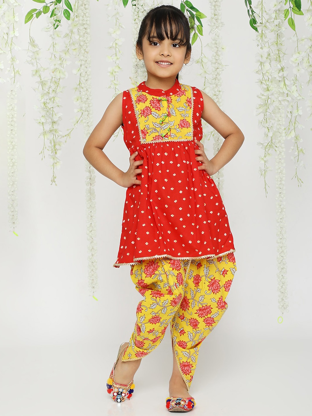

KID1 Girls Ethnic Motifs Printed Regular Pure Cotton Kurti With Dhoti Pants, Red