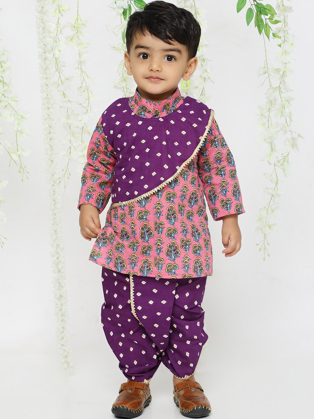 

KID1 Boys Ethnic Motifs Printed Pure Cotton Kurta With Dhoti Pants, Purple
