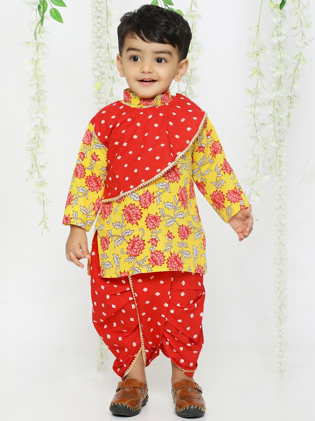 KID1 Boys Floral Printed Pure Cotton Kurta With Dhoti Pants, Red