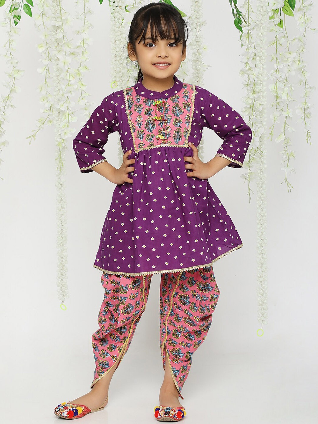 

KID1 Girls Bandhani Printed Empire Pure Cotton Kurti With Dhoti Pants, Purple