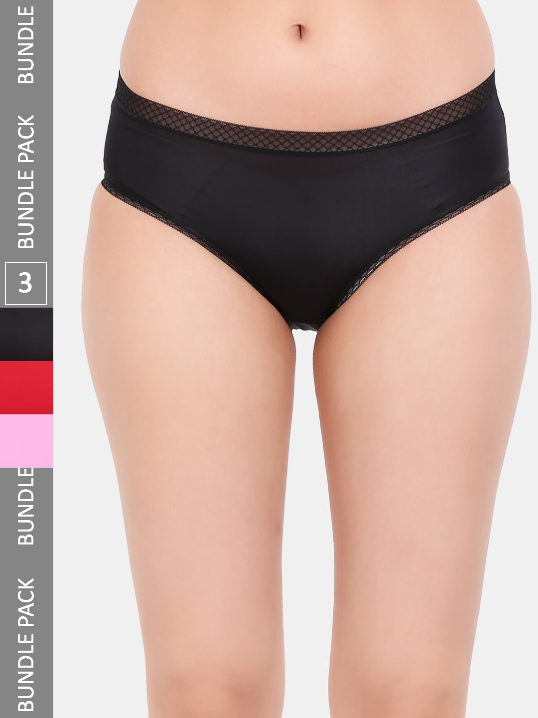 

Amour Secret Pack Of 3 Laced Leak Proof Hipster Briefs P205_Blk_Pnk_Red, Black