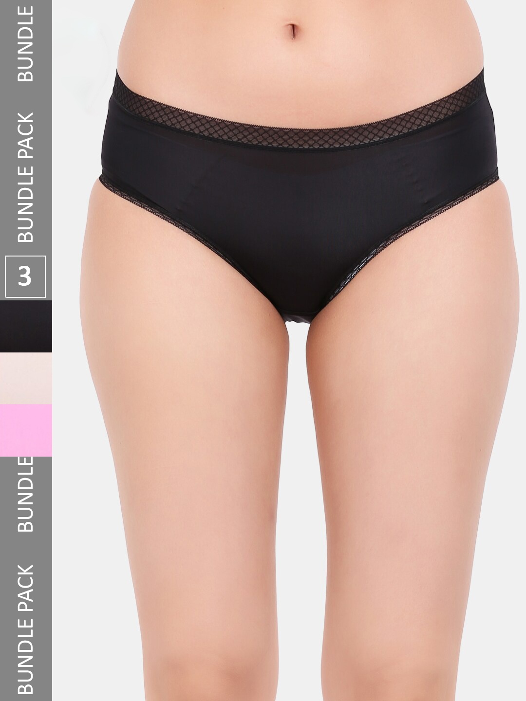 Amour Secret Pack Of 3 Laced Leak Proof Hipster Briefs P205_Blk_Pnk_Skn, Black