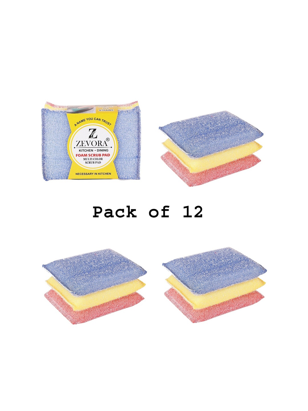 

ZEVORA Yellow & Blue 12 Pieces Plastic Foam Sponge Scourer Pad
