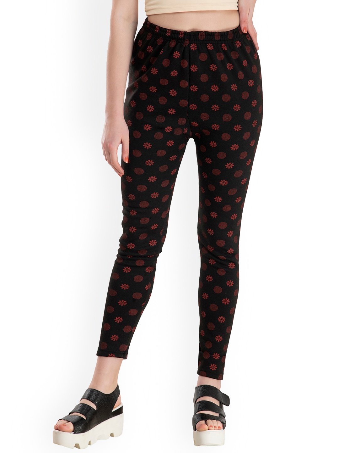 

IndiWeaves Printed Ankle-Length Woolen Warm Leggings, Black
