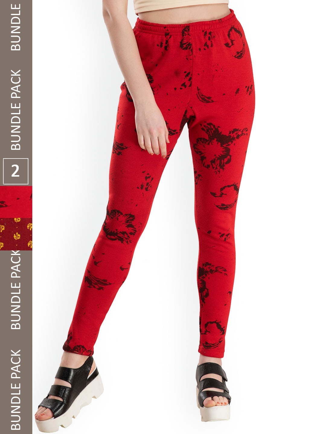 

IndiWeaves Pack Of 2 Printed Ankle-Length Woolen Leggings, Red