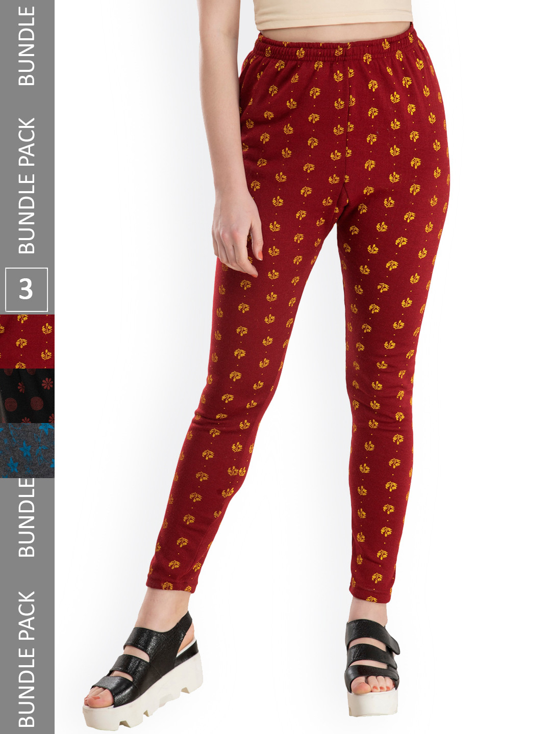 

IndiWeaves Pack of 3 Printed Woolen Ankle-LengthLeggings, Black