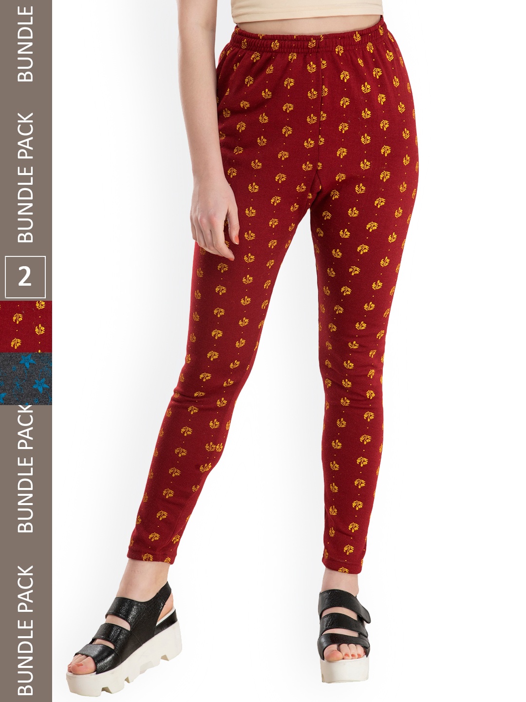 

IndiWeaves Pack Of 2 Printed Woollen Warm Ankle-Length Leggings, Maroon