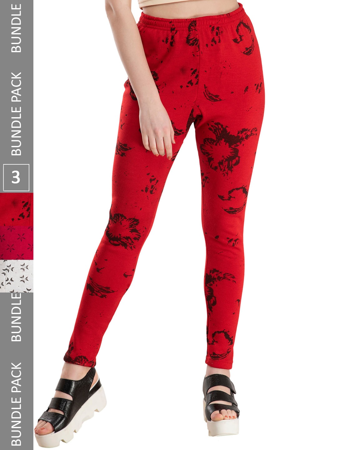 

IndiWeaves Pack Of 3 Printed Woollen Ankle-Length Leggings, Red