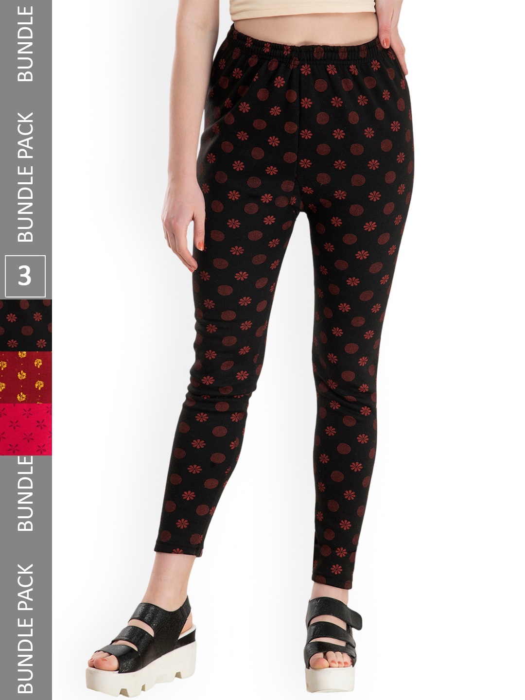 

IndiWeaves Pack Of 3 Printed Woolen Warm Ankle-Length Leggings, Red