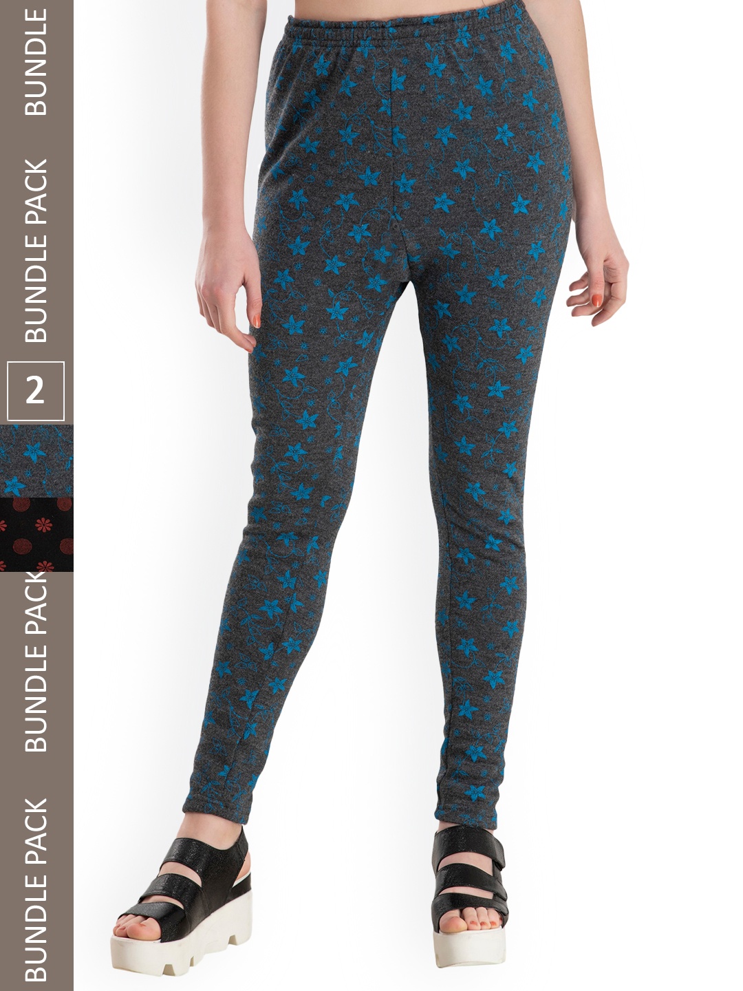 

IndiWeaves Pack Of 2 Printed Woolen Warm Ankle-Length Leggings, Black