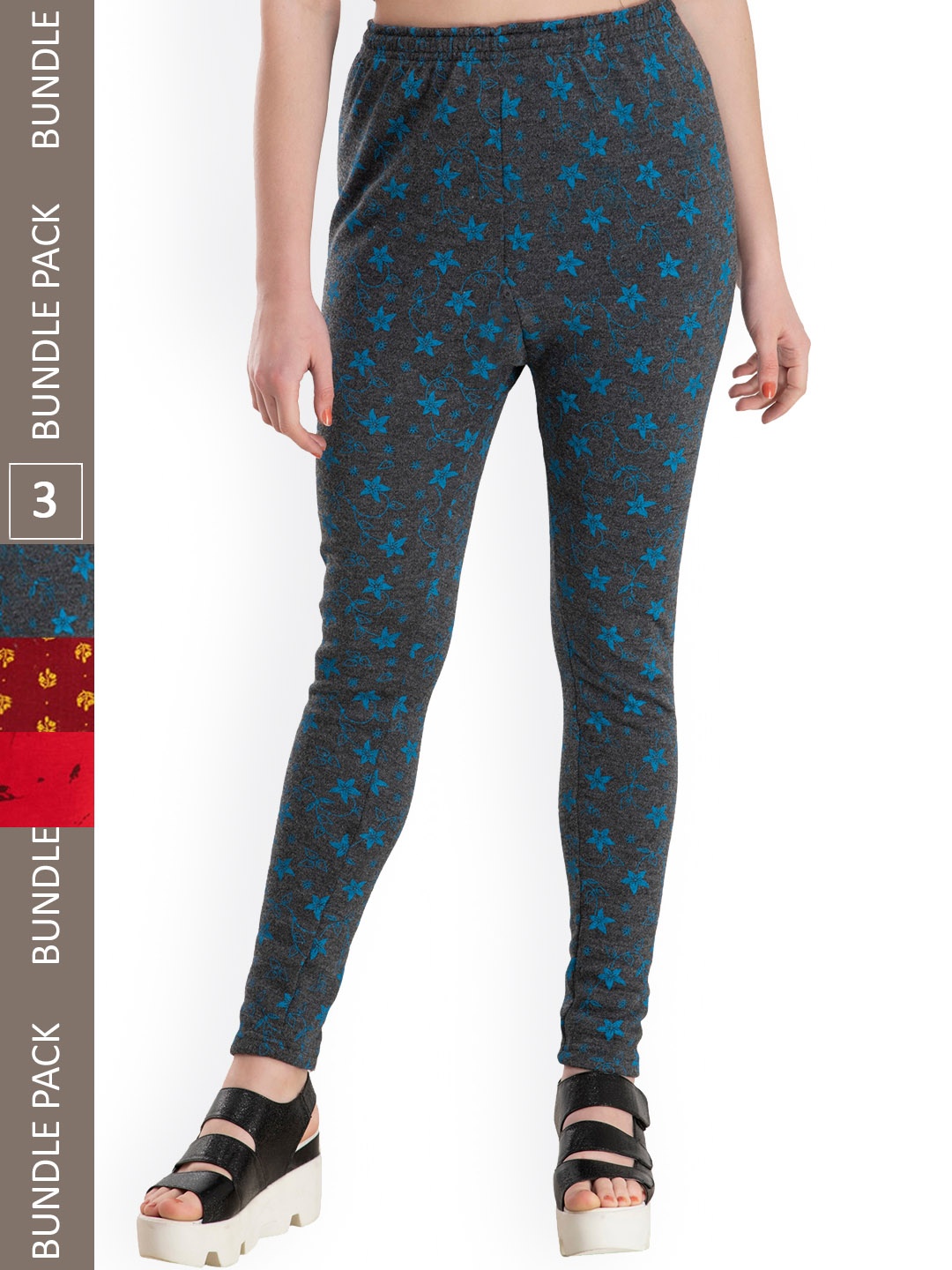 

IndiWeaves Pack Of 3 Printed Woolen Warm Ankle-Length Leggings, Grey