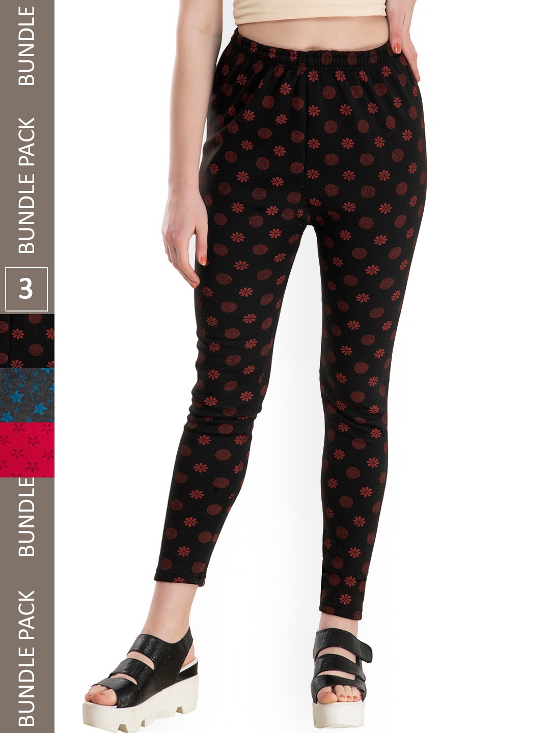 

IndiWeaves Pack Of 3 Printed Woollen Warm Ankle-Length Leggings, Black
