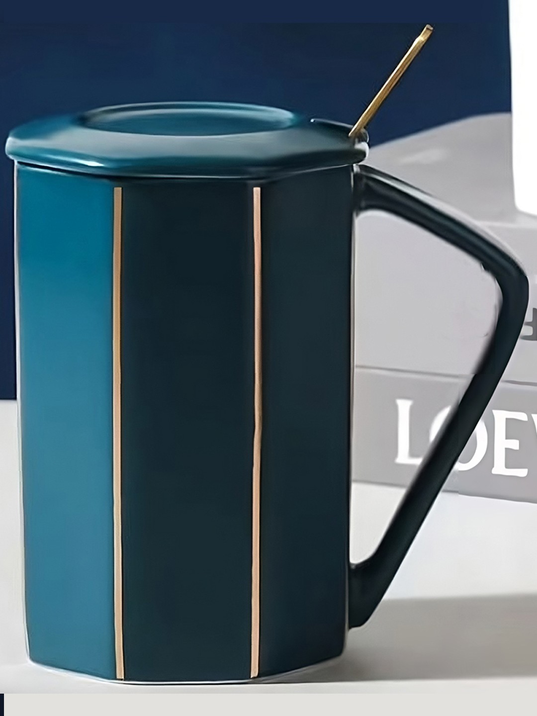 

BonZeaL Blue Printed Ceramic Matte Mug With Lid & Spoon 360 ml