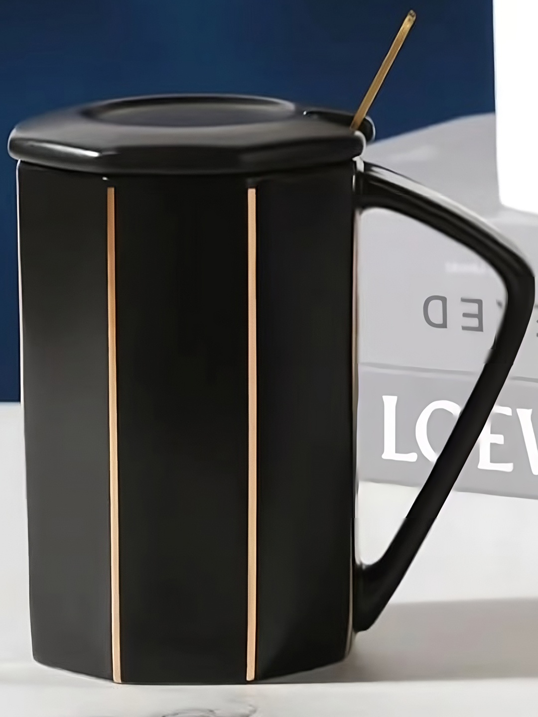 

BonZeaL Black & Gold-Toned Printed Ceramic Matte Mug With Lid & Spoon 360 ml