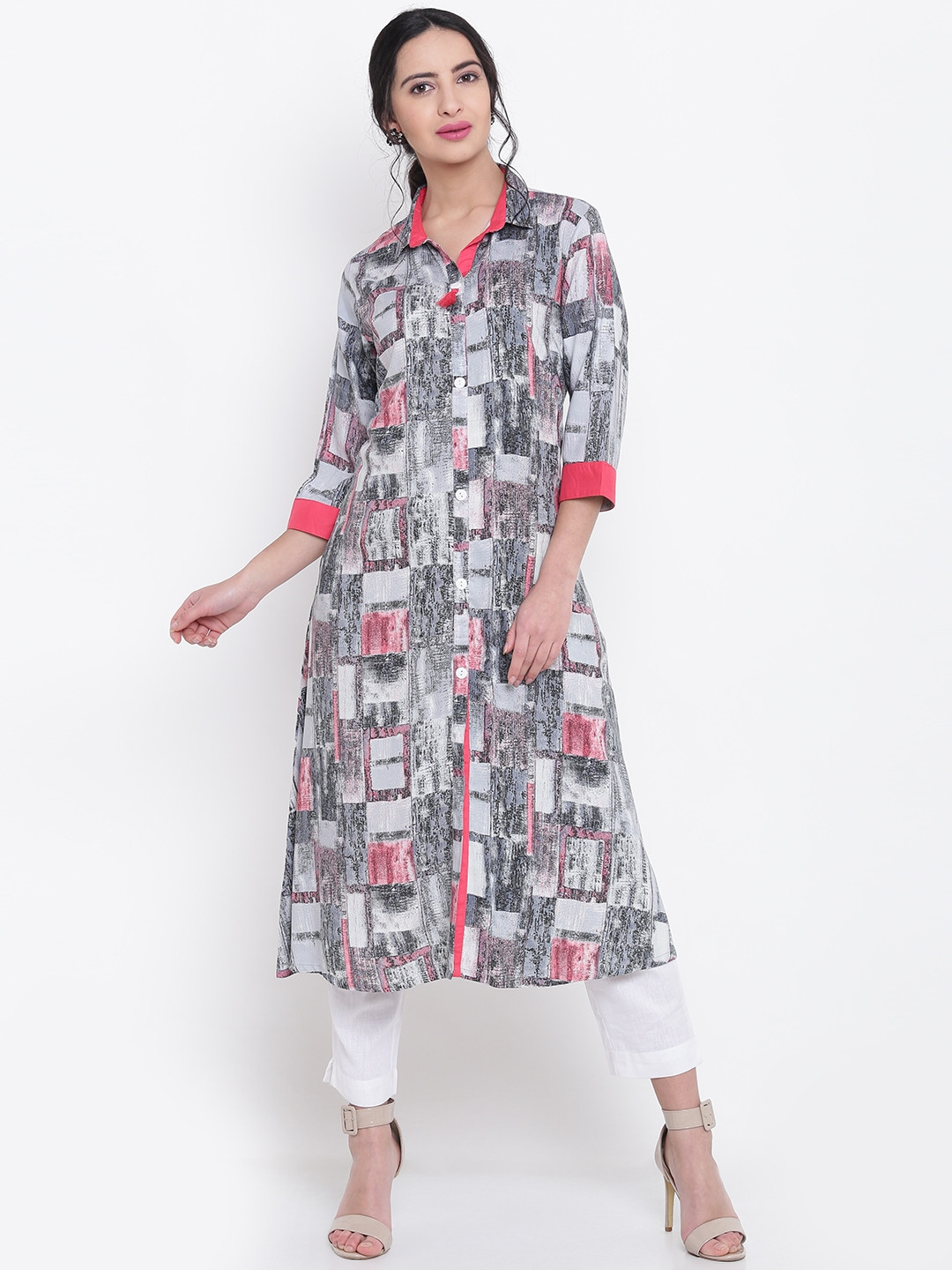 

Shree Women Grey & Pink Printed A-Line Kurta