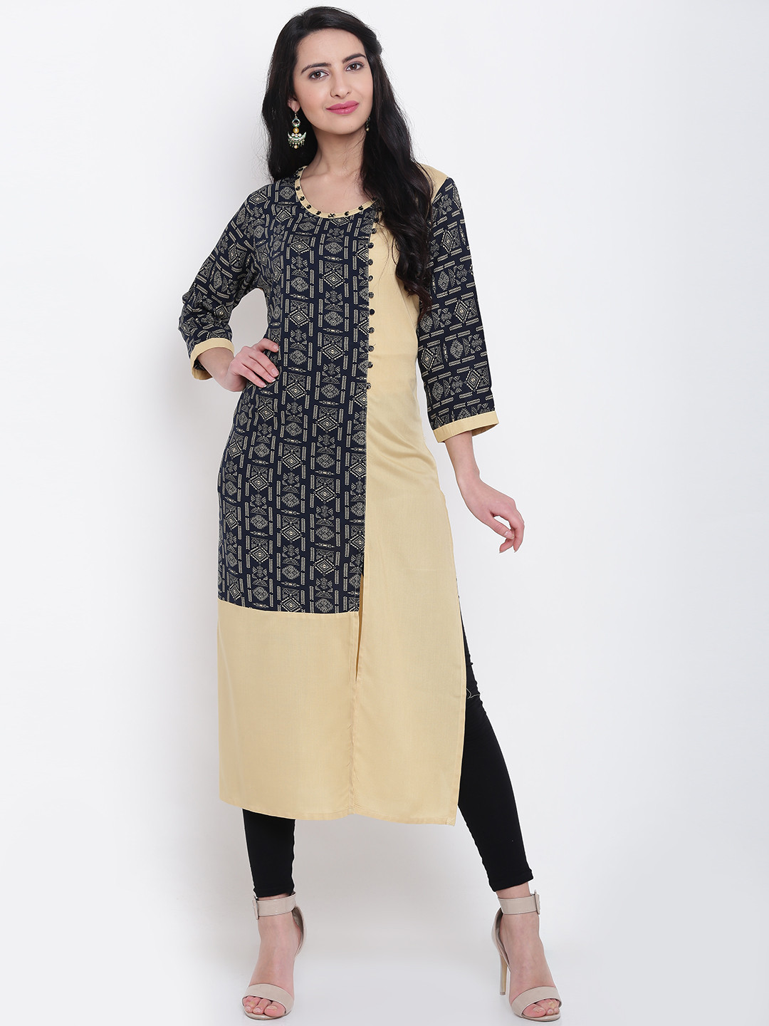

Shree Women Beige & Navy Printed Straight Kurta