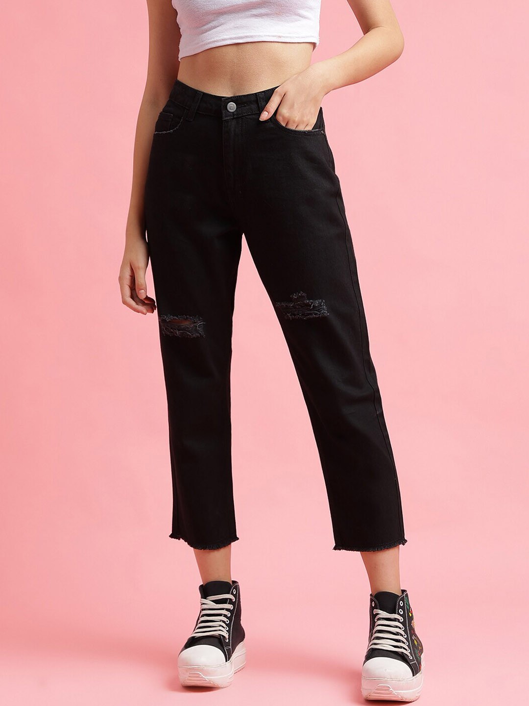 

Belliskey Women Boyfriend Fit High-Rise Low Distress Stretchable Crop Jeans, Black