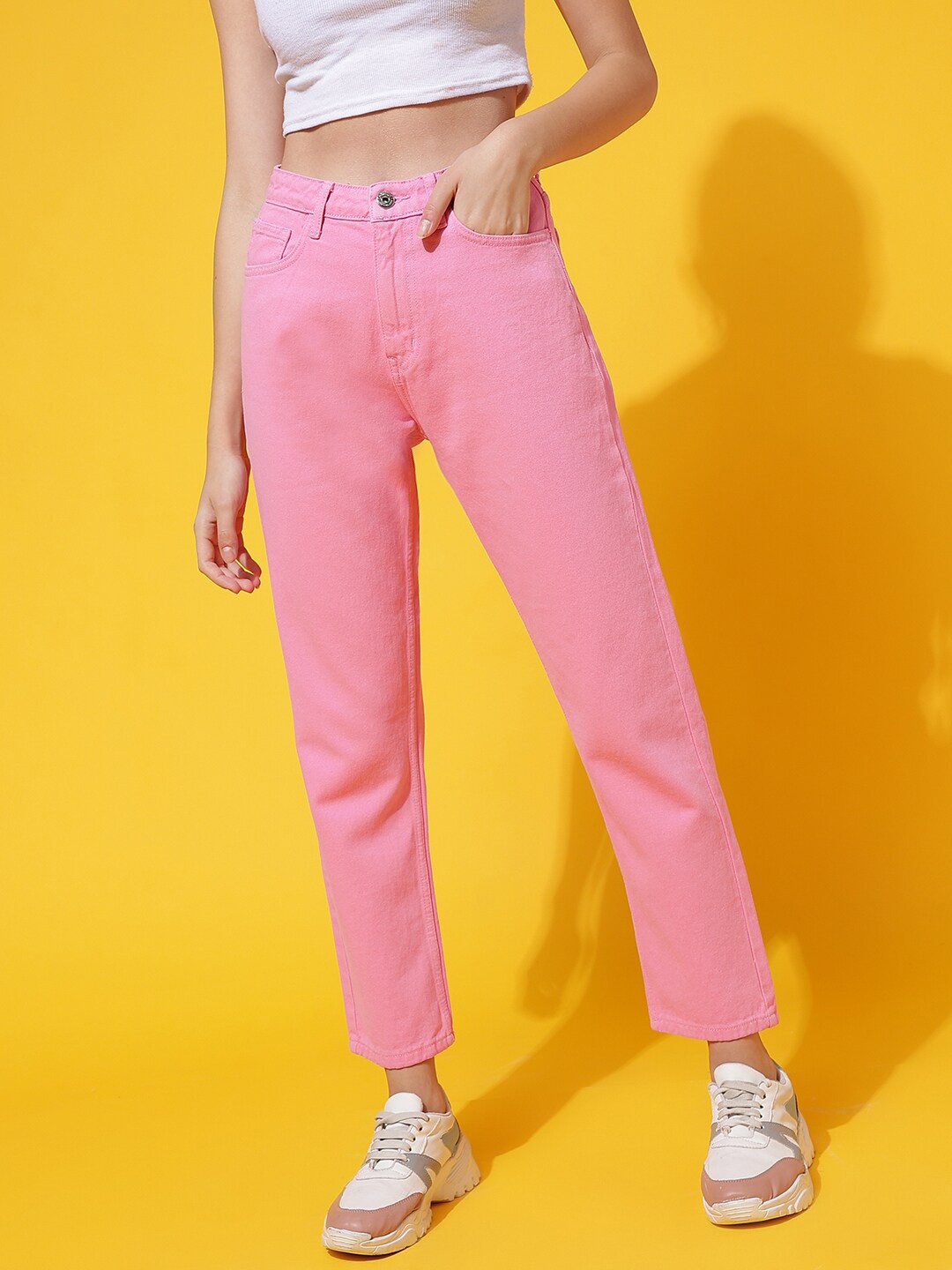

Belliskey Women Mom Fit High-Rise Highly Clean Look Cotton Jeans, Pink