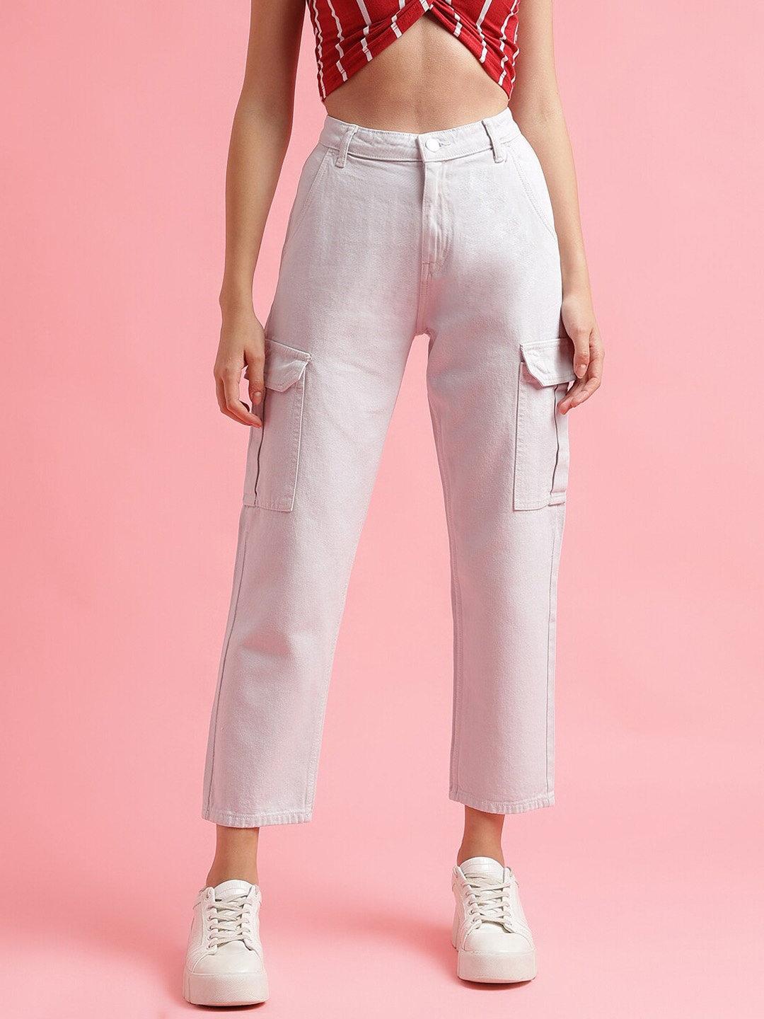 

Belliskey Women Relaxed Fit High-Rise Clean Look Cotton Cargos, Off white