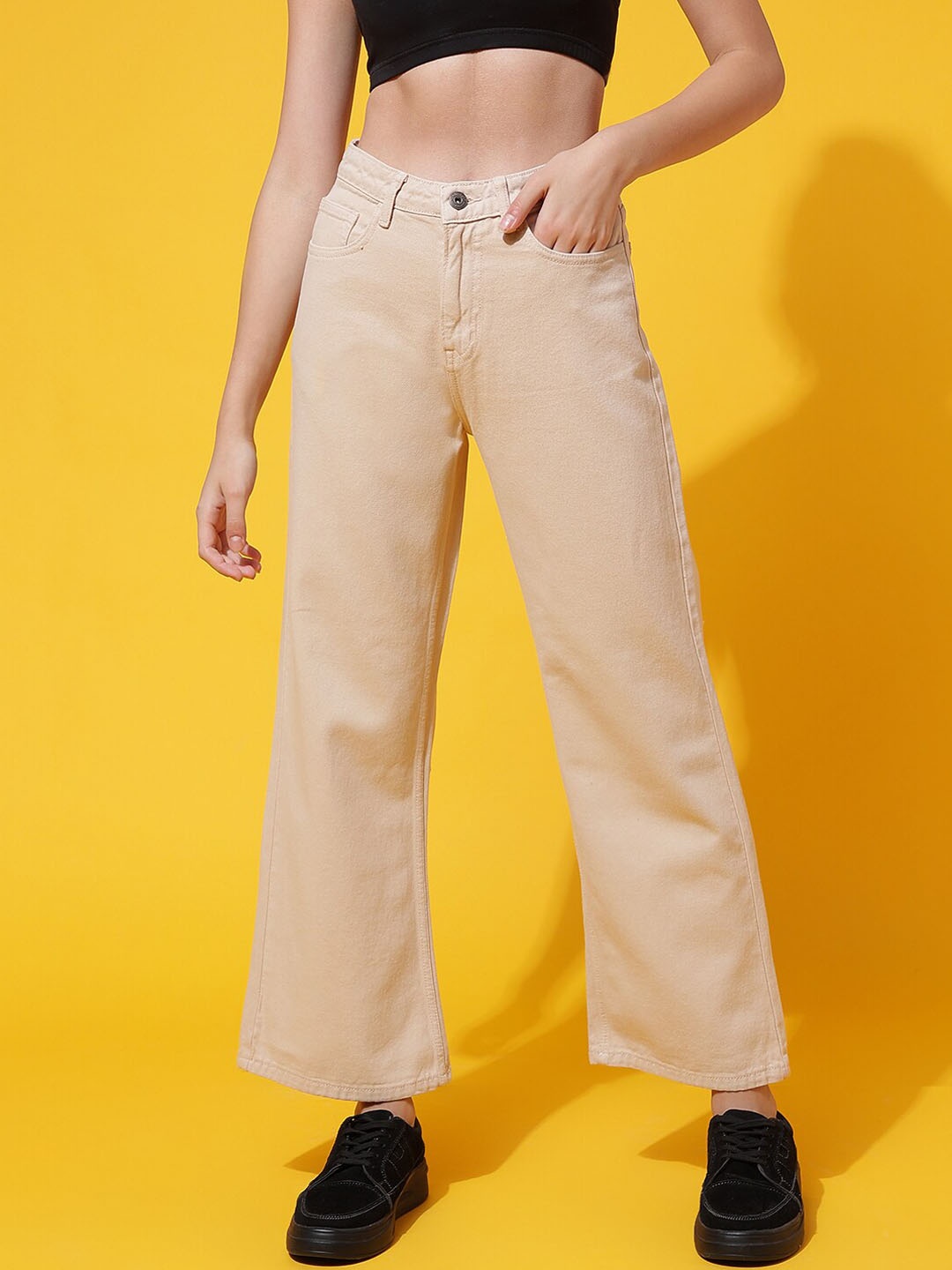 

Belliskey Women Flared High-Rise Clean Look Cotton Jeans, Beige