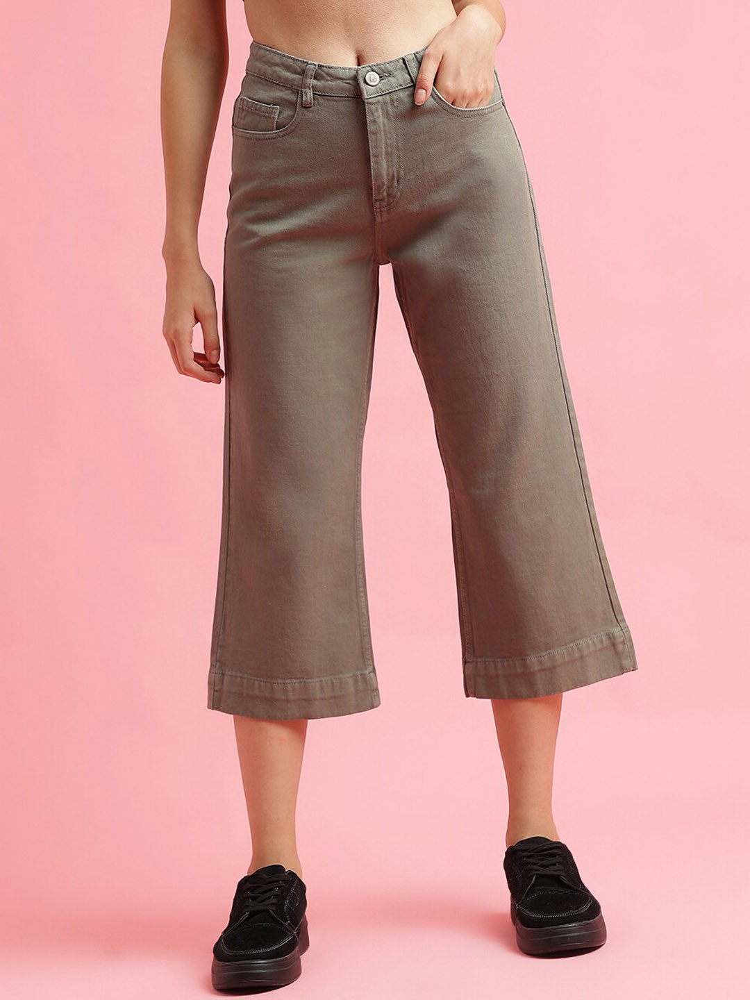 

Belliskey Women Straight Fit High-Rise Clean Look Cotton Jeans, Olive