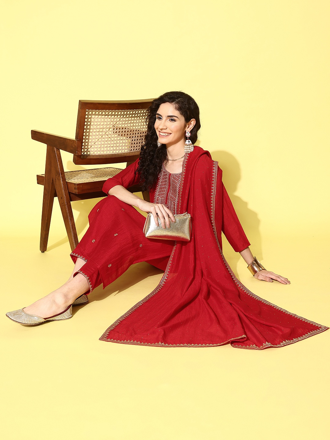 

SheWill Women Silk Blend Ethnic Motifs Embroidered Sequinned Kurta with Trousers & Dupatta, Red