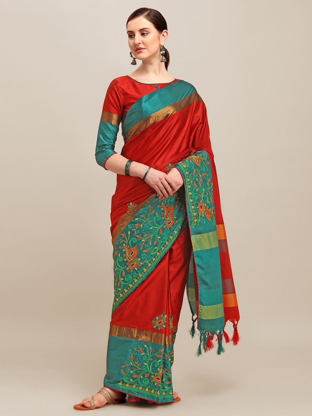 

Mitera Red & Green Embroidered Silk Cotton Saree