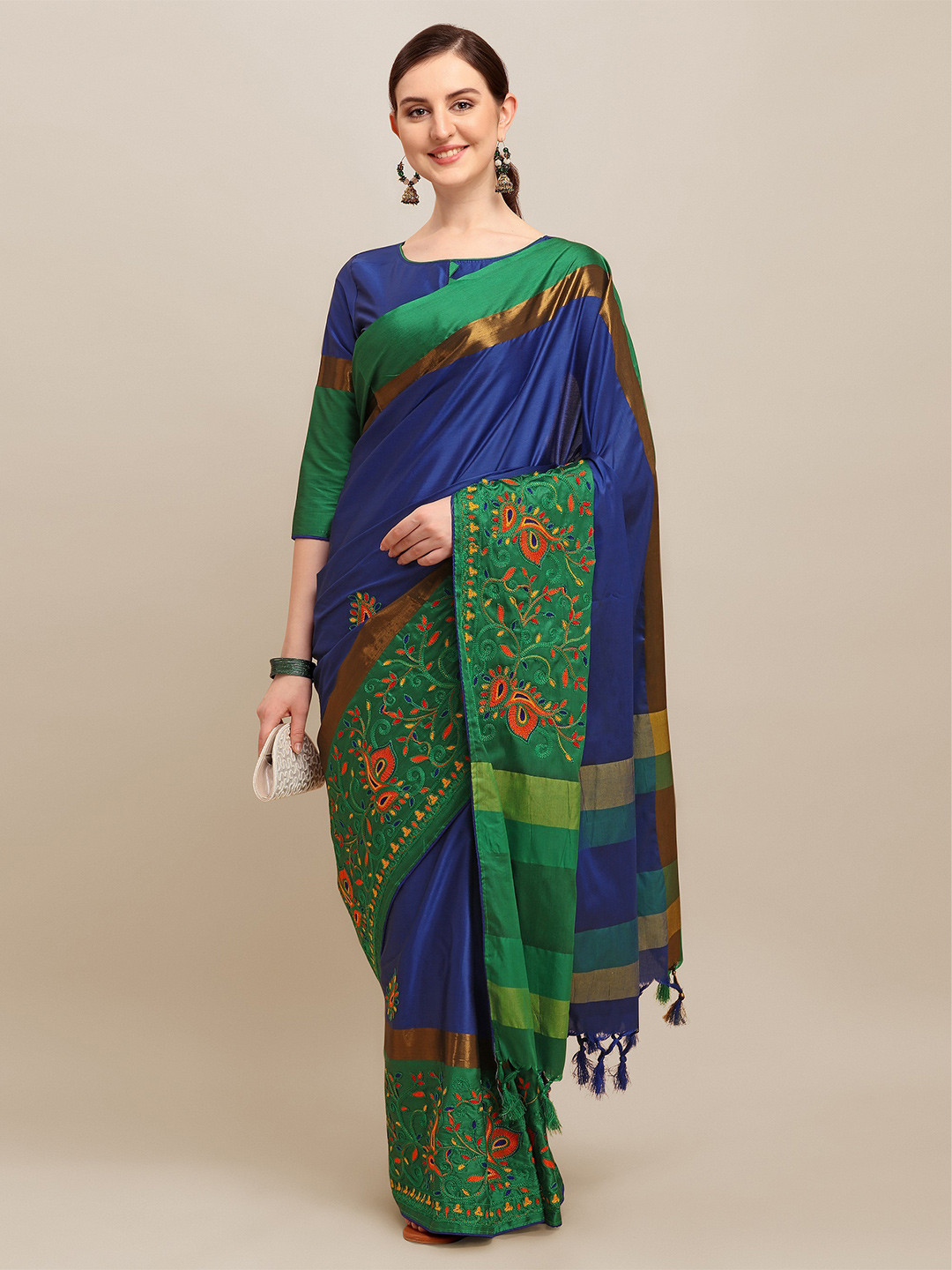 

Mitera Ethnic Motif Embroidered Zari Silk Cotton Saree With Blouse Piece, Blue