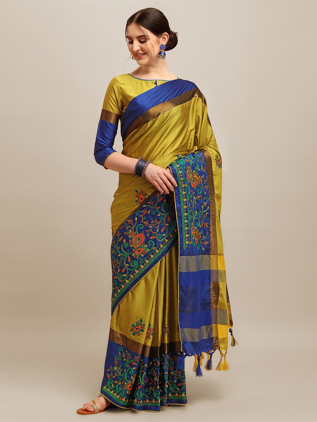 

Mitera Yellow & Blue Ethnic Motifs Embroidered Silk Cotton Saree
