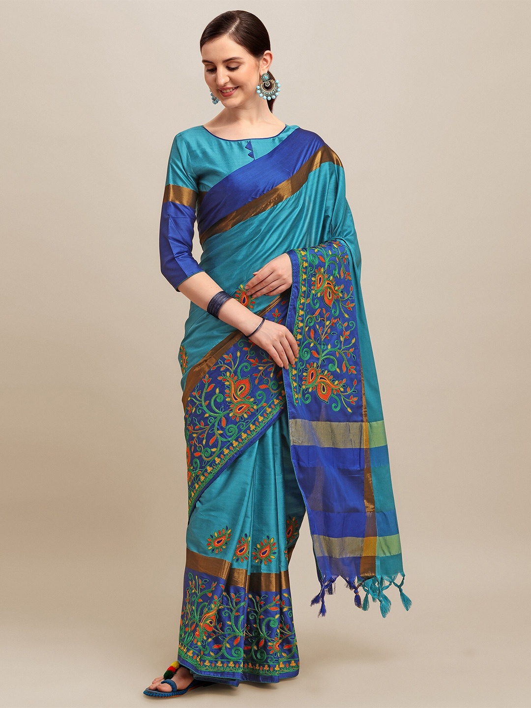 

Mitera Floral Embroidered Silk Cotton Saree, Turquoise blue