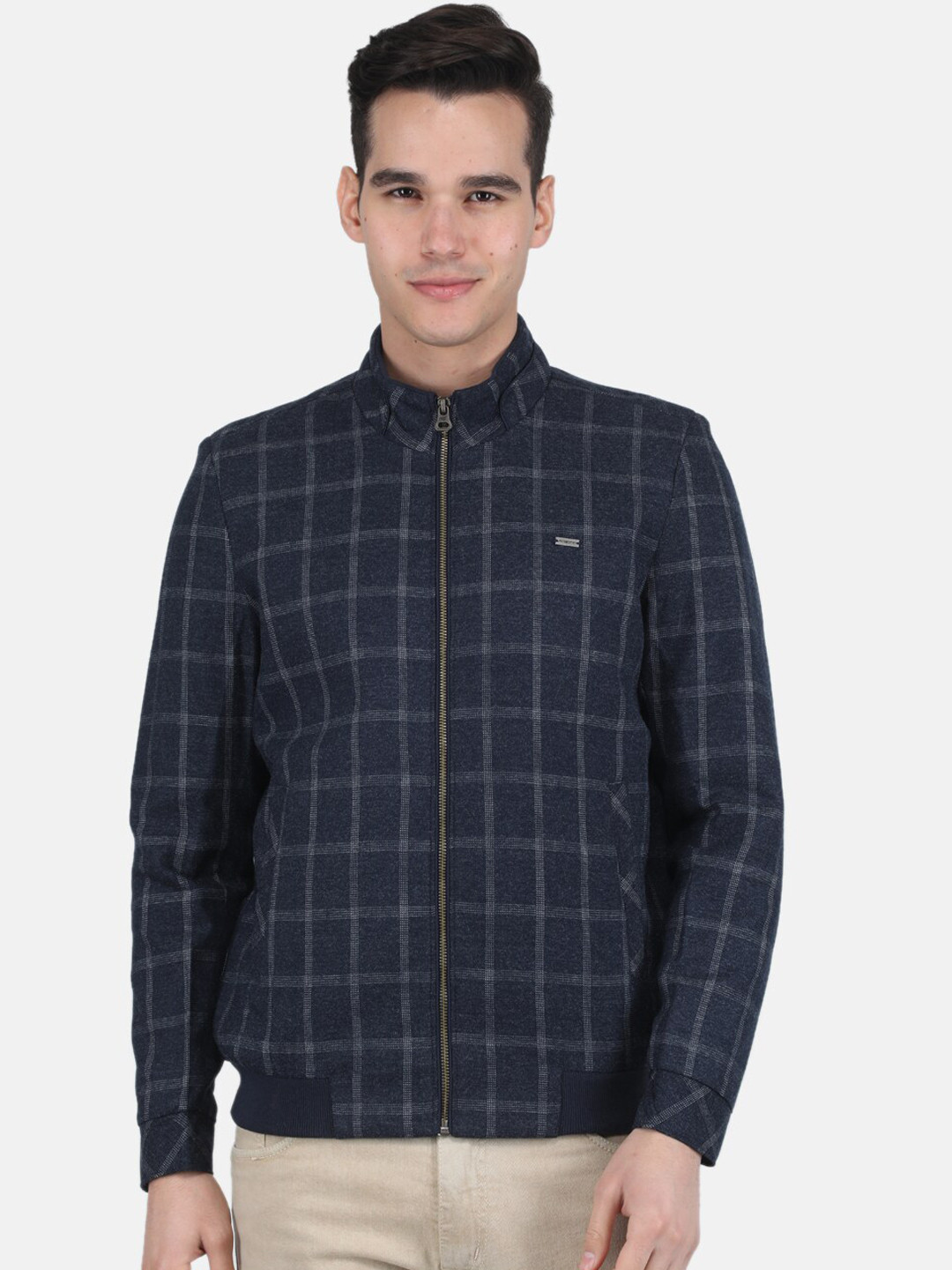 

Monte Carlo Men Mock Collar Checked Single-Breasted Coats, Blue