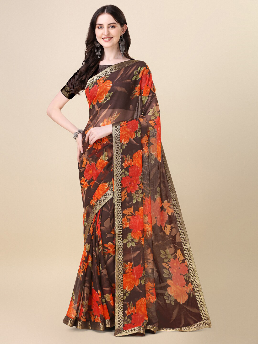 

Dori Floral Printed Zari Saree, Brown