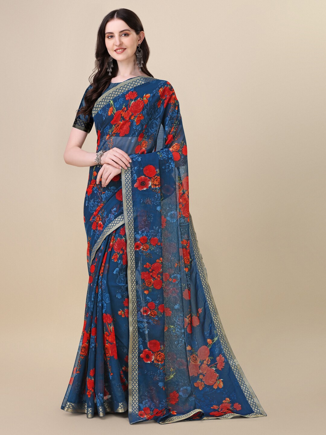 

Dori Floral Printed Zari Saree, Navy blue