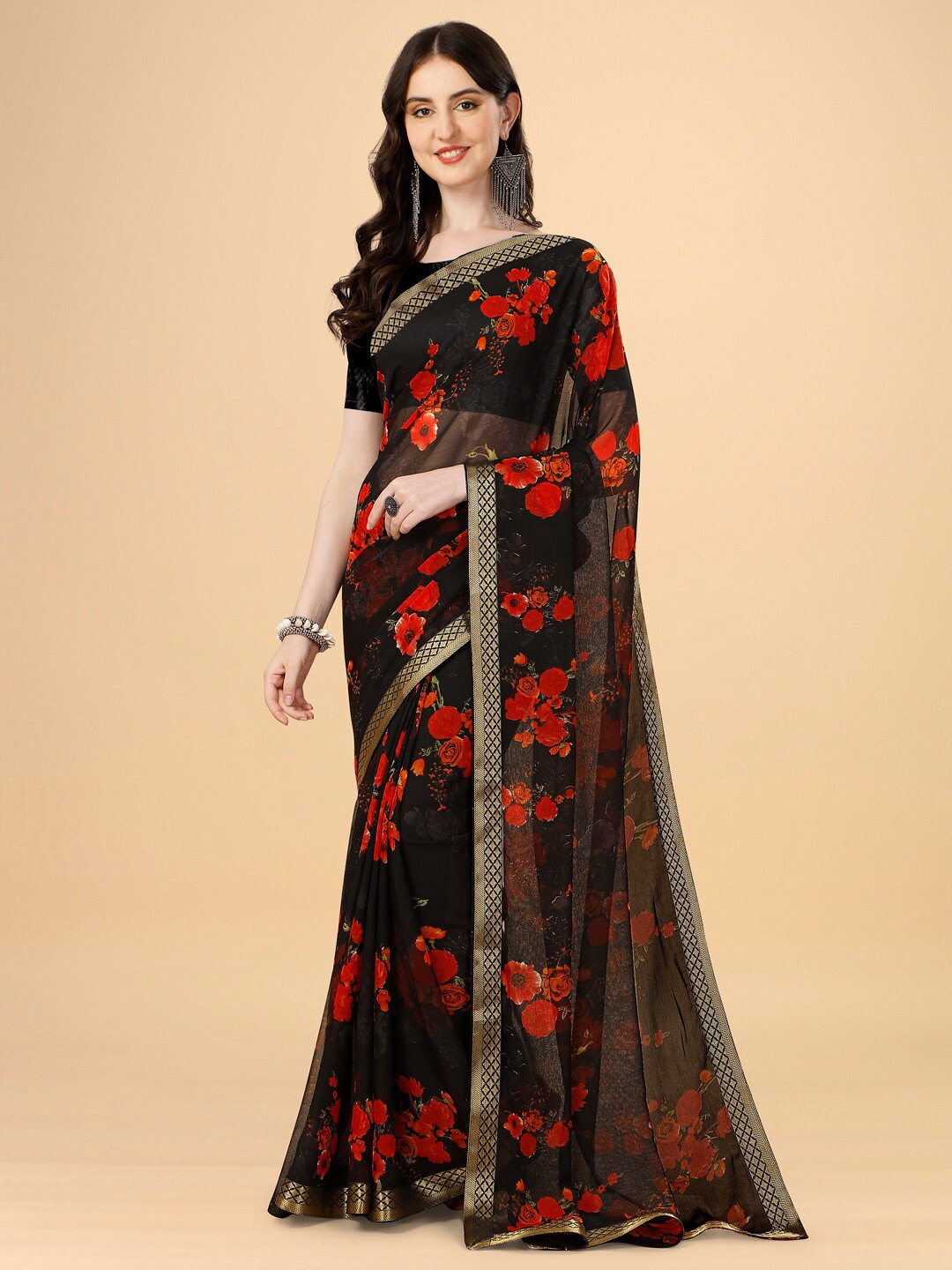 

Dori Floral Printed Zari Saree, Black