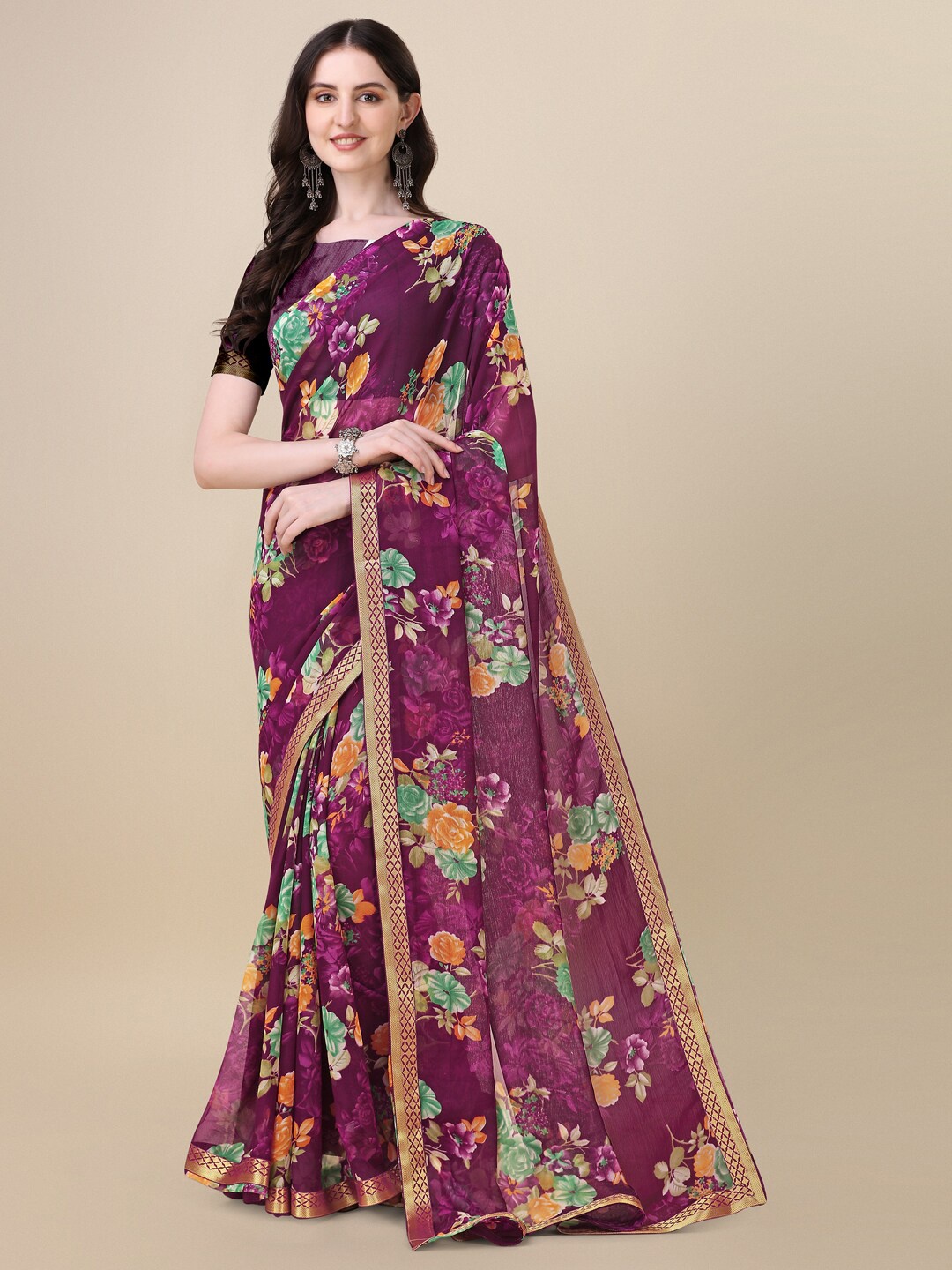 

Dori Floral Printed Zari Saree, Purple