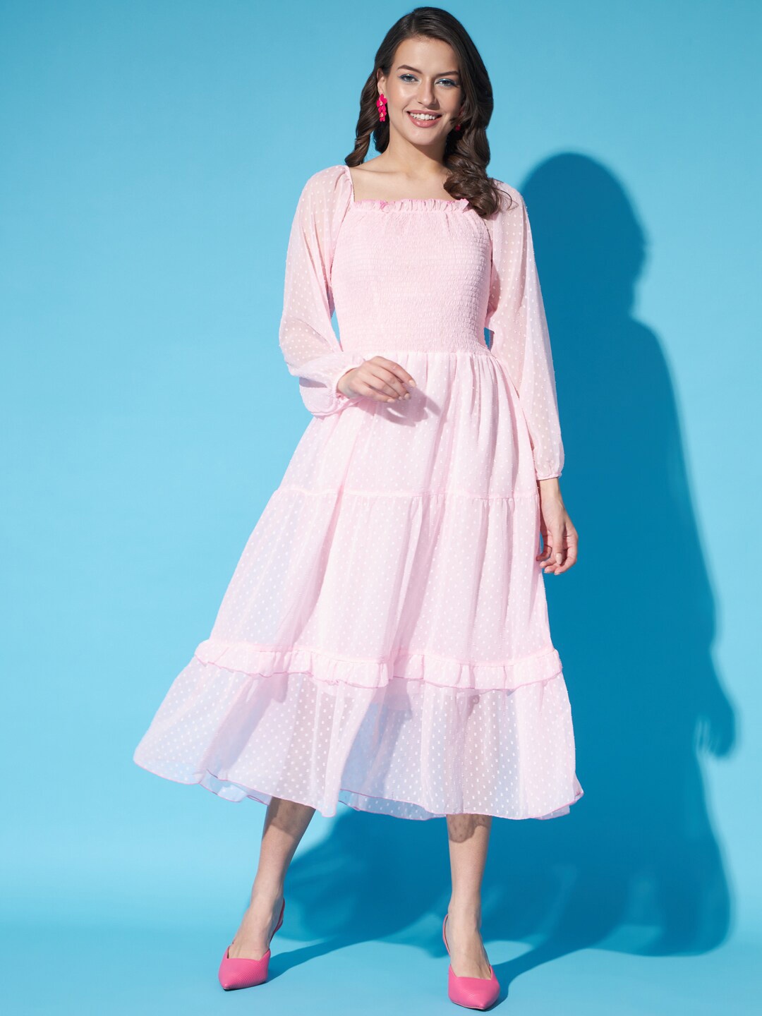 

Funday Fashion Self Design Square Neck Puff Sleeves Smocked Detail Georgette Midi Dress, Pink