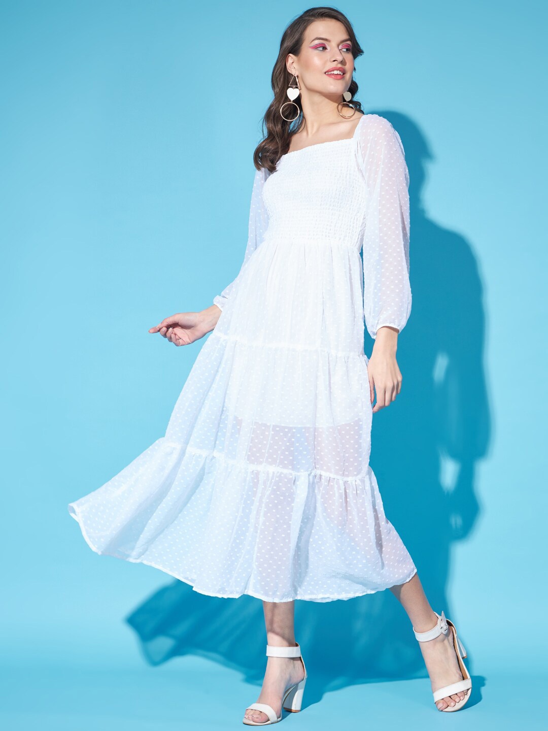 

Funday Fashion Self Design Square Neck Puff Sleeves Smocked Detail Georgette Midi Dress, White