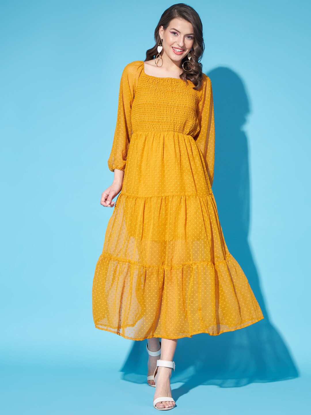

Funday Fashion Self Design Square Neck Puff Sleeves Smocked Detail Georgette Midi Dress, Mustard