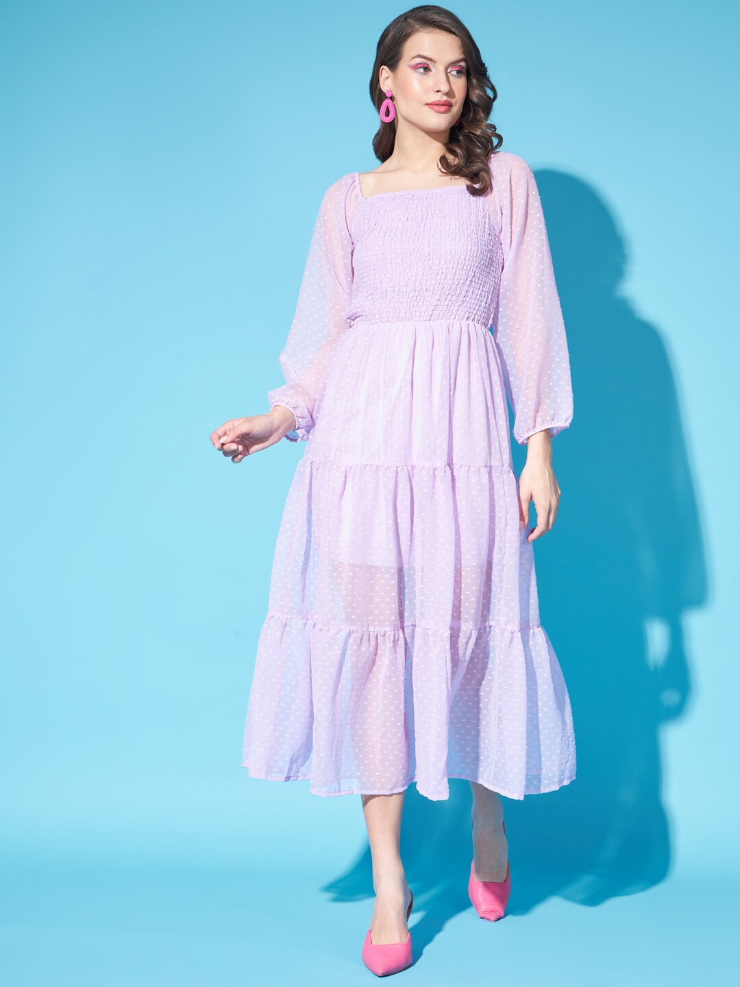 

Funday Fashion Self Design Square Neck Puff Sleeves Smocked Detail Georgette Midi Dress, Purple