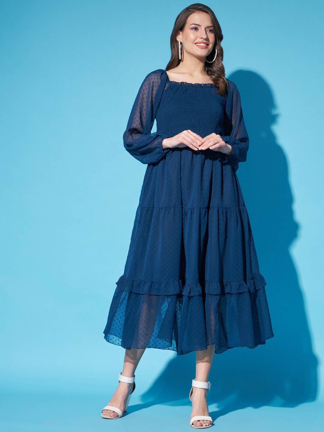 

Funday Fashion Self Design Square Neck Puff Sleeves Smocked Detail Georgette Midi Dress, Blue