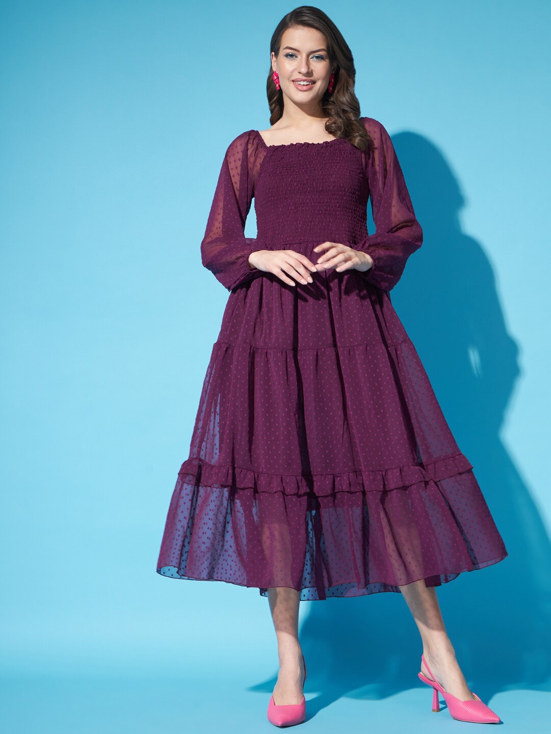 

Funday Fashion Self Design Square Neck Puff Sleeves Smocked Detail Georgette Midi Dress, Purple