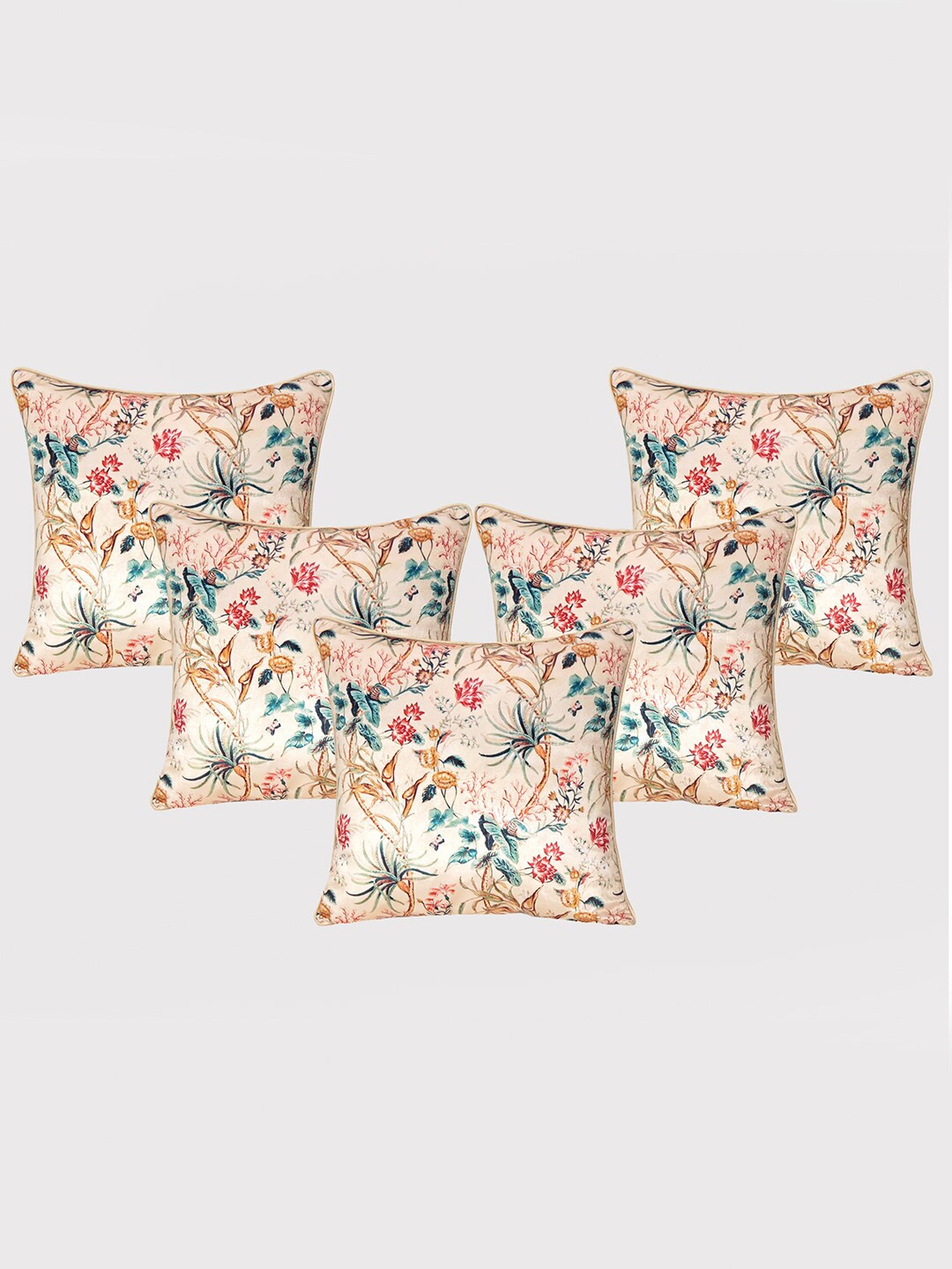 

OUSSUM Beige & Green 5 Pieces Floral Velvet Square Cushion Covers