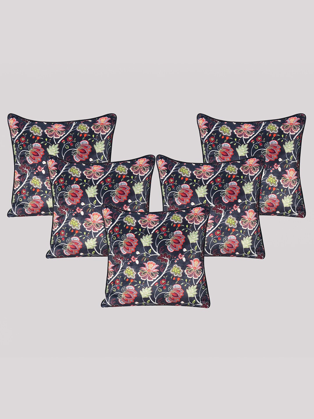 

OUSSUM Black & Red 5-Pieces Floral Velvet Square Cushion Covers