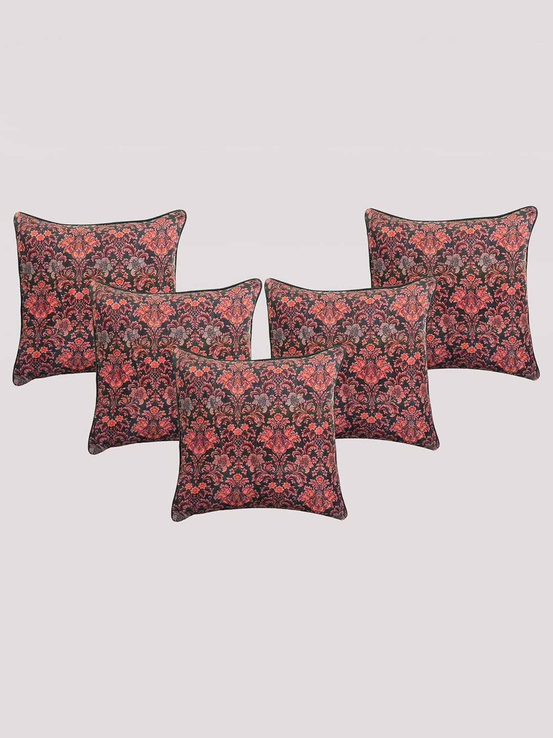 OUSSUM Black & Red 5 Pieces Floral Velvet Square Cushion Covers