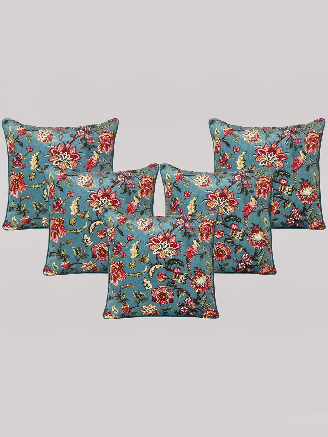 

OUSSUM Grey & Red 5 Pieces Floral Printed Velvet Square Cushion Covers