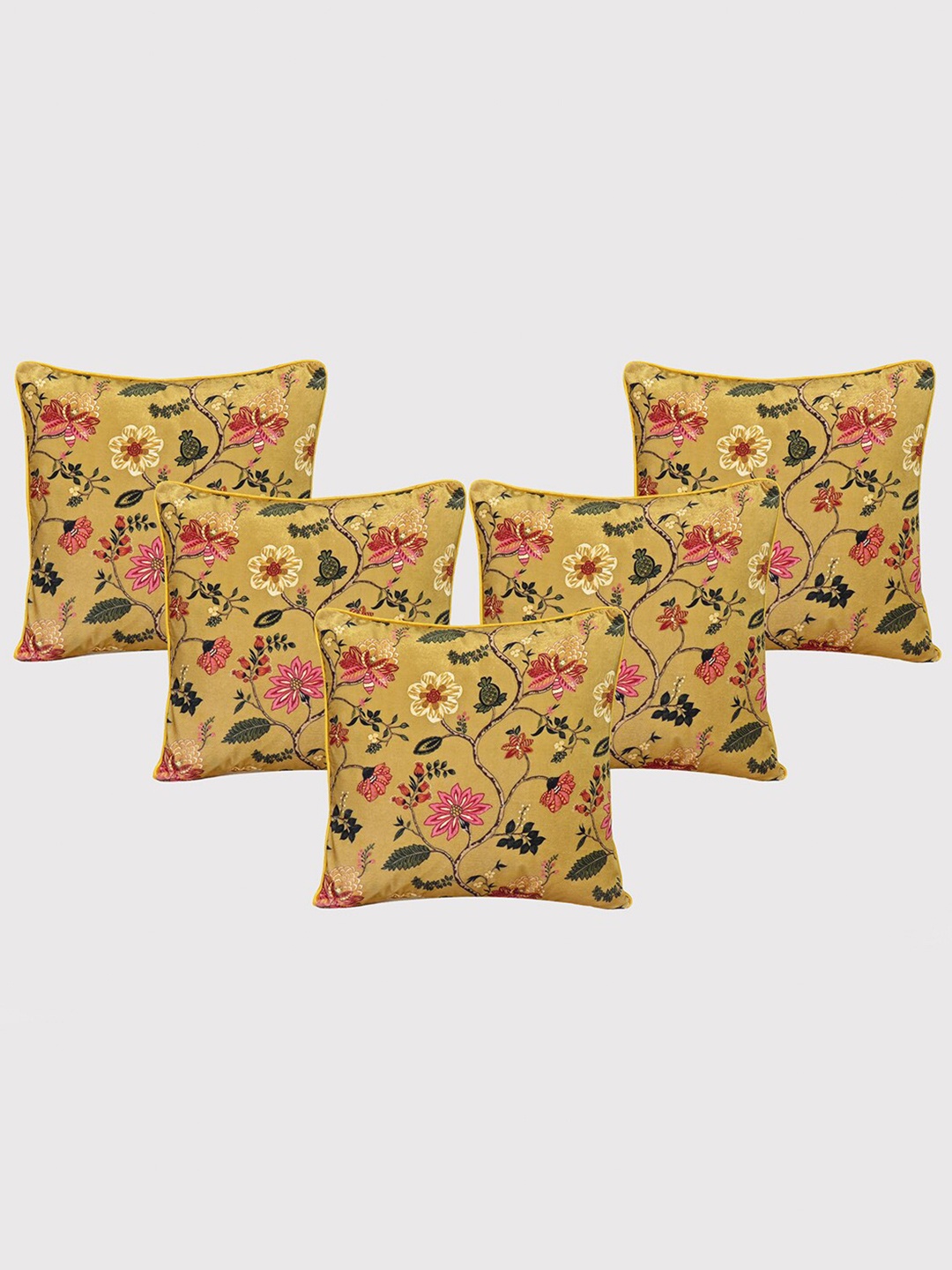 

OUSSUM Yellow & Green 5-Pieces Floral Velvet Square Cushion Covers