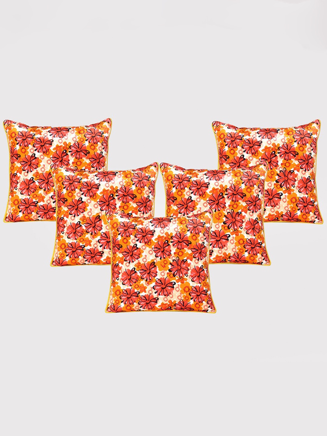 

OUSSUM Yellow & Pink 5 Pieces Floral Printed Velvet Square Cushion Covers