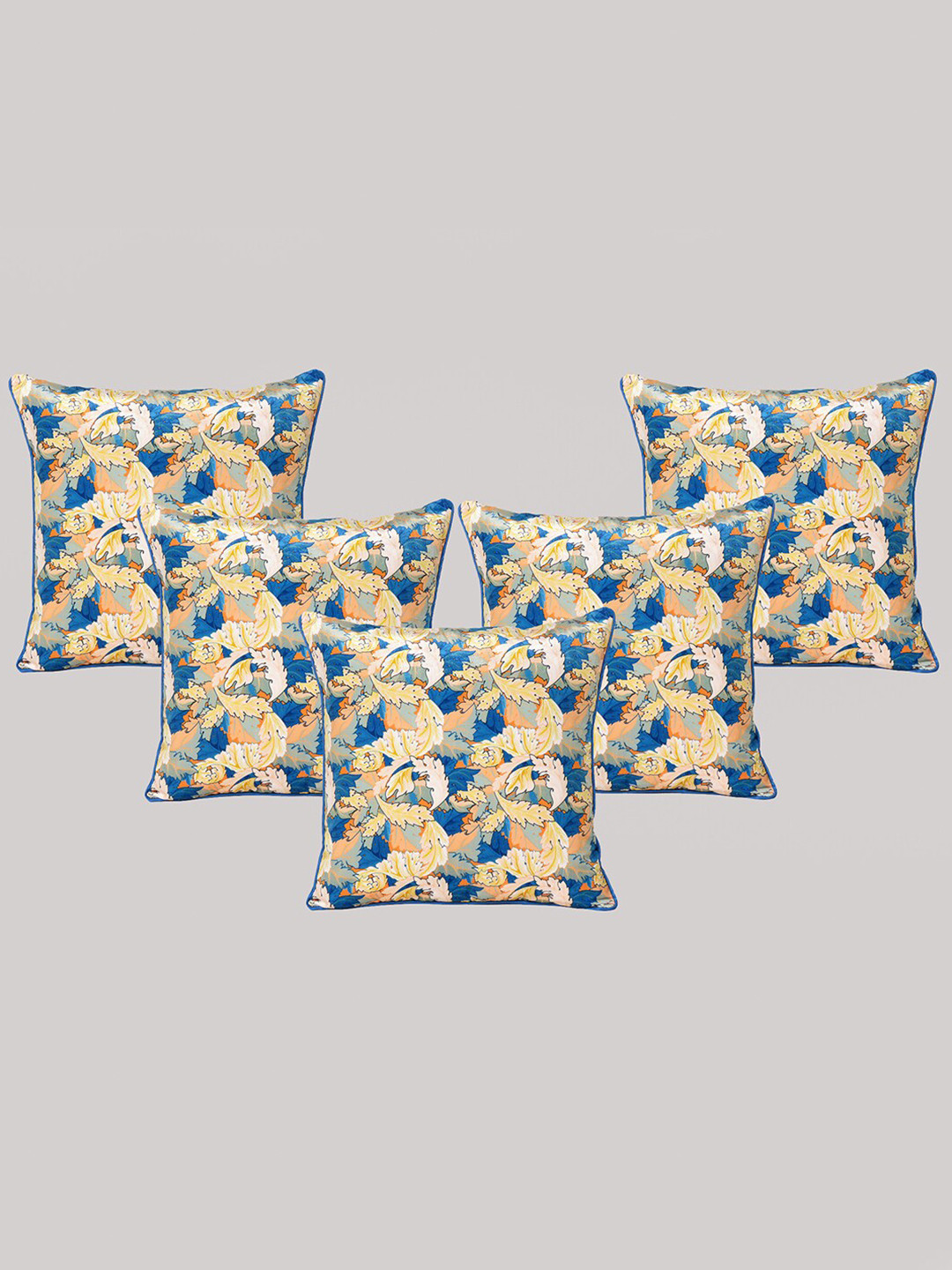 

OUSSUM Blue & Yellow 5 Pieces Floral Velvet Square Cushion Covers