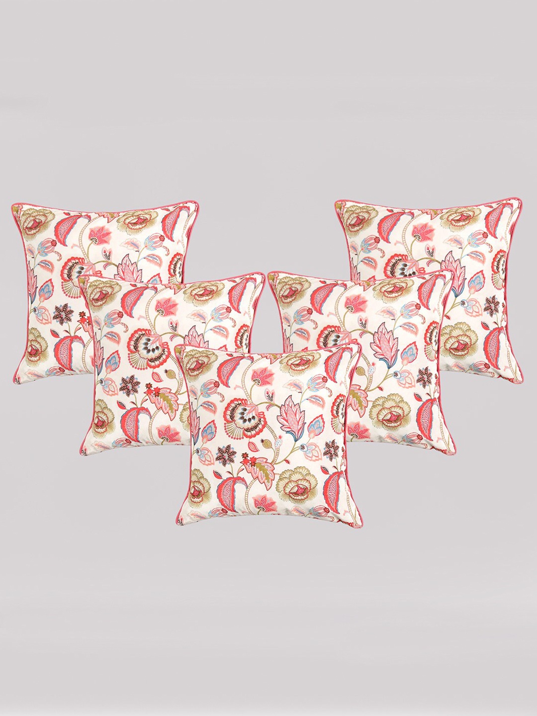 

OUSSUM White & Coral 5 Pieces Floral Printed Velvet Square Cushion Covers